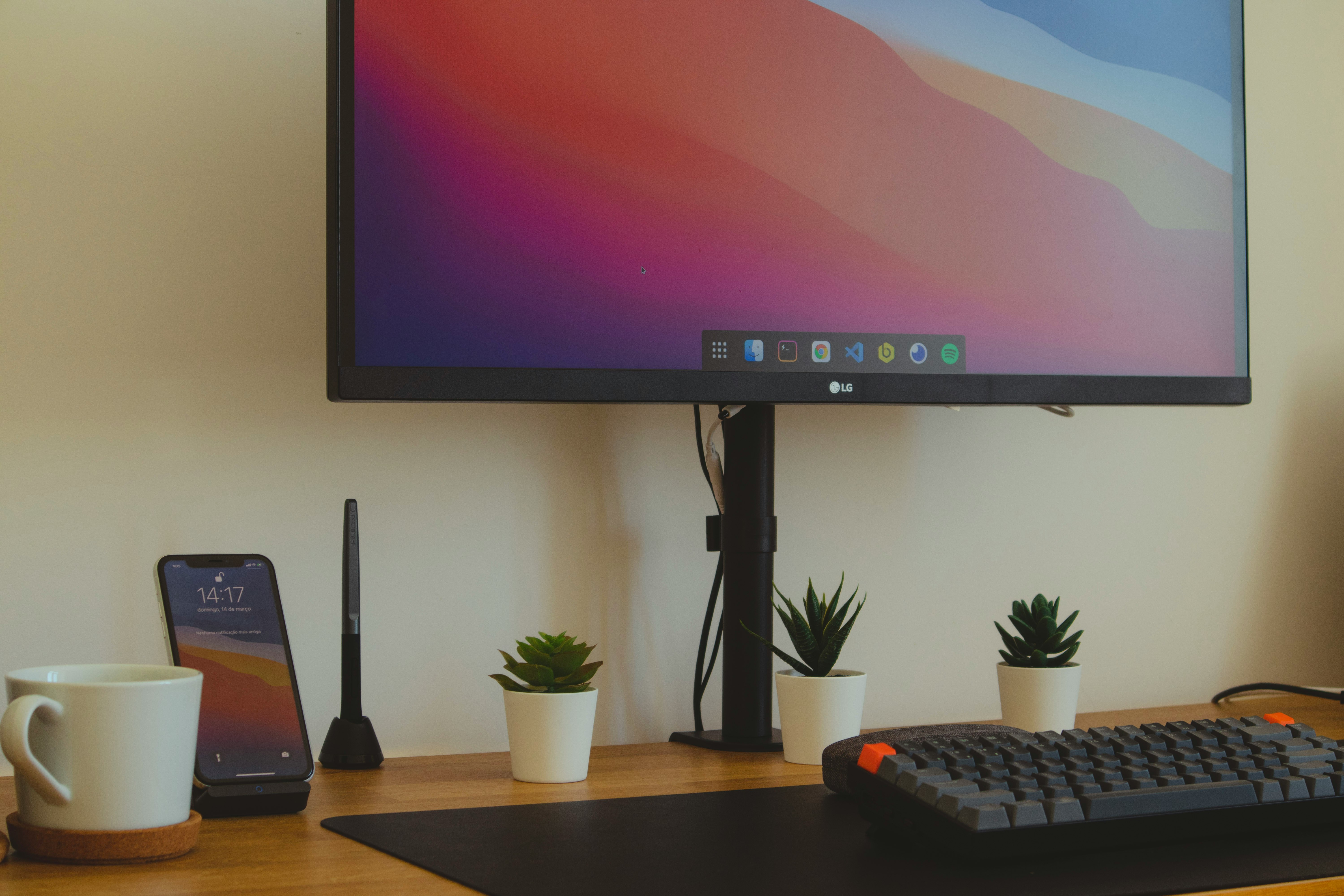 black flat screen tv turned on near green potted plant